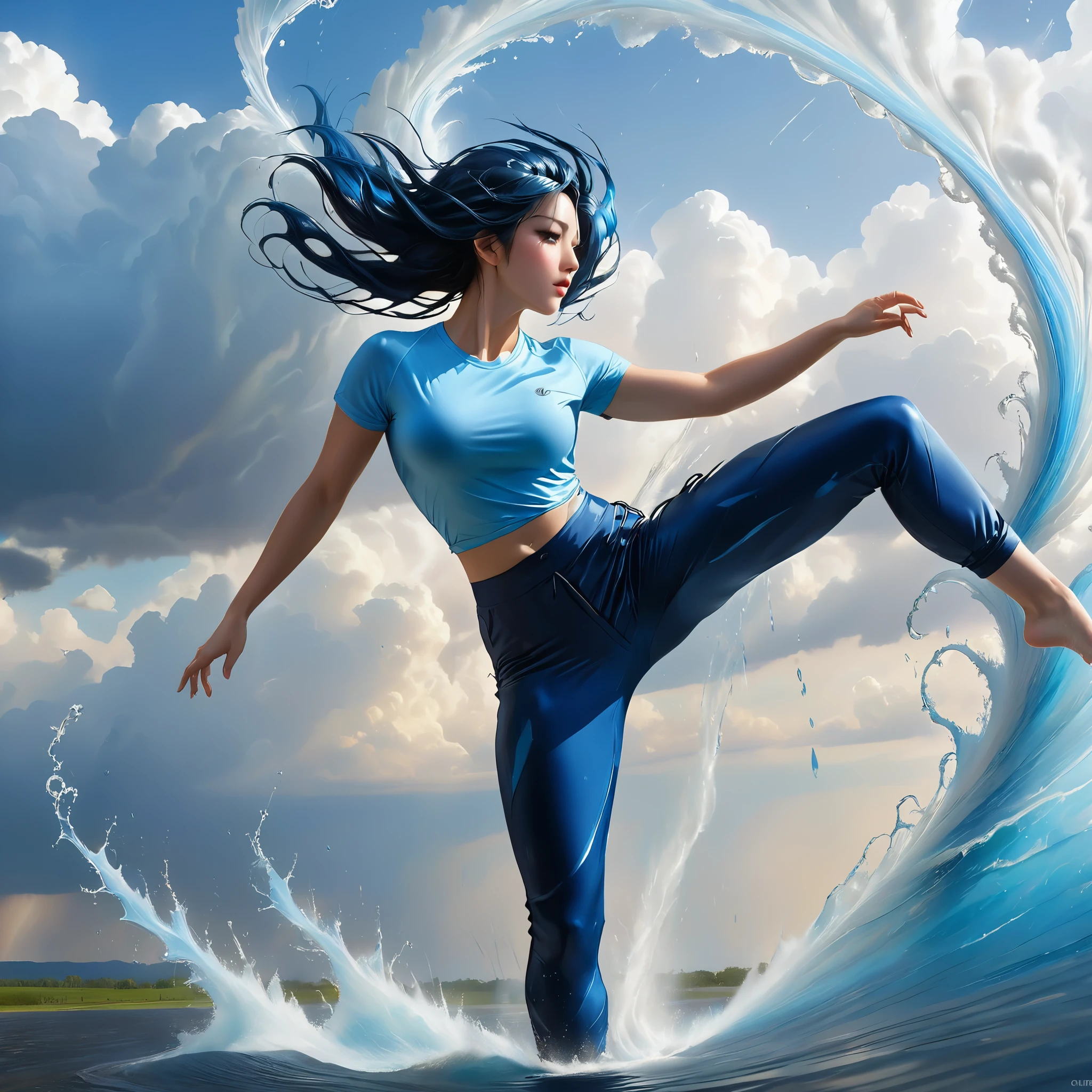 A dynamic scene of a young woman with long, flowing blue hair tied back, wearing a light blue shirt and dark blue rolled-up pants, performing a high kick against a massive water tornado. The water tornado, with a spiraling structure, is bursting and splashing dramatically upon impact with her foot. The setting is an open area with a clear blue sky and some clouds in the background. The sunlight reflects off the water droplets, creating a sparkling effect. The overall scene conveys a sense of strength, action, and fluidity. hyper realistic photo, vibrant color, 16k