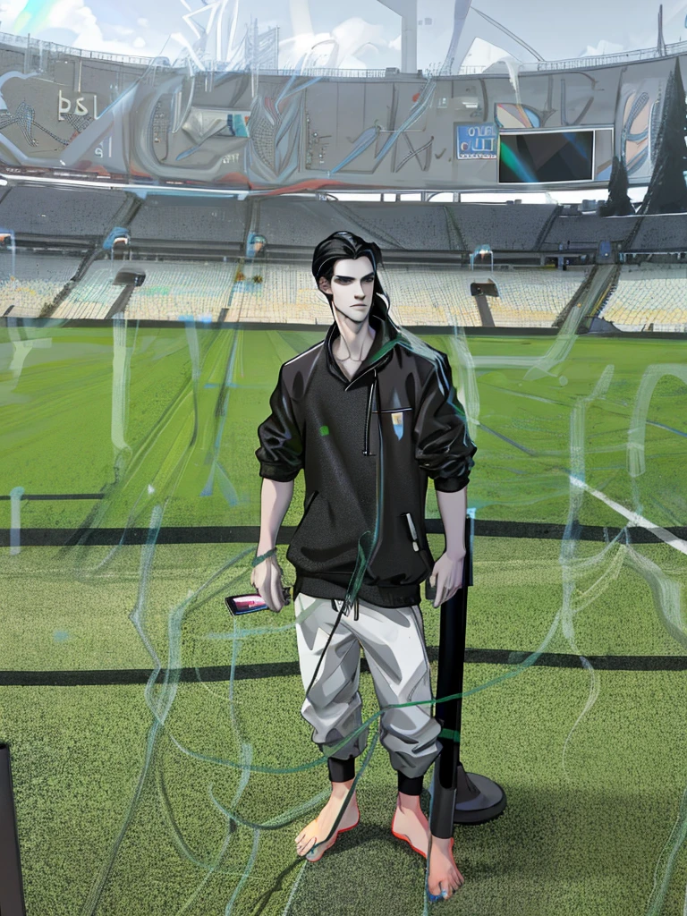 Tall man, pale skin, long straight black hair, black clothes, attractive face, blacksweatshirt coat, black pants, talking on a cell phone, on a cell phone call, standing
