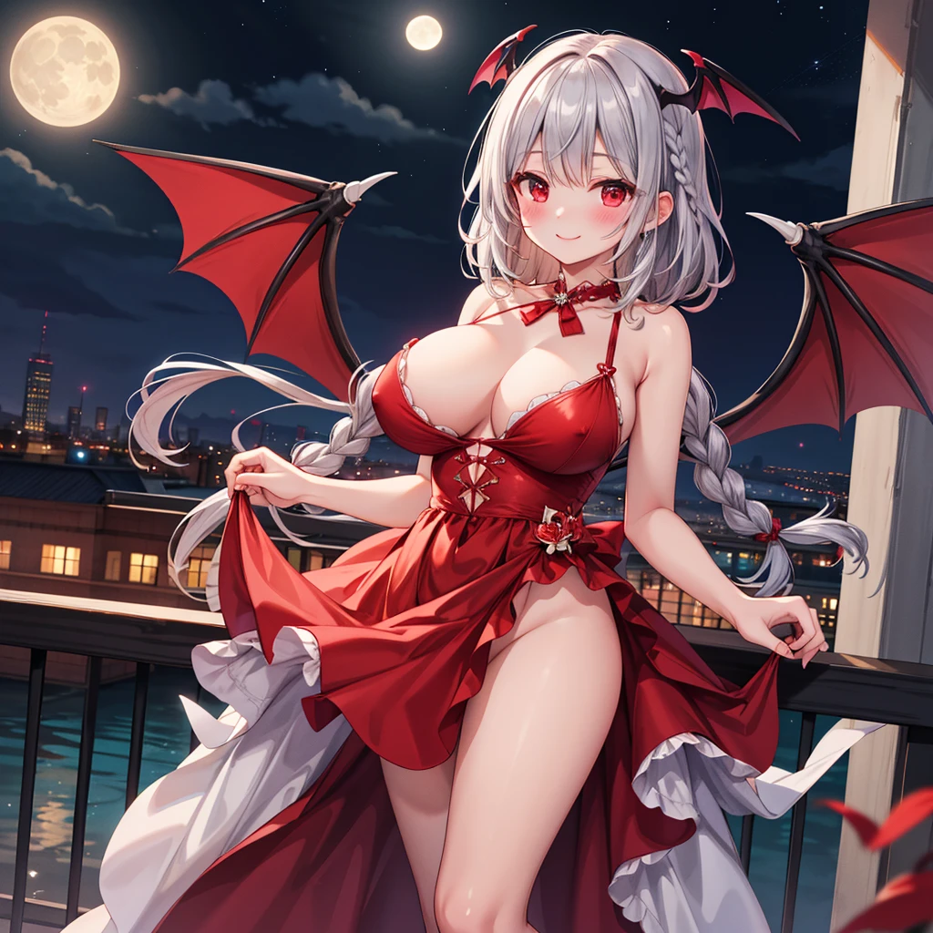 masterpiece, Highest quality, High Resolution, HS1,blush、smile,NSFW、Balcony、Big Breasts、Gray Hair、Red eyes、Moonlit Night、Bat Wings、Braid、Red dress