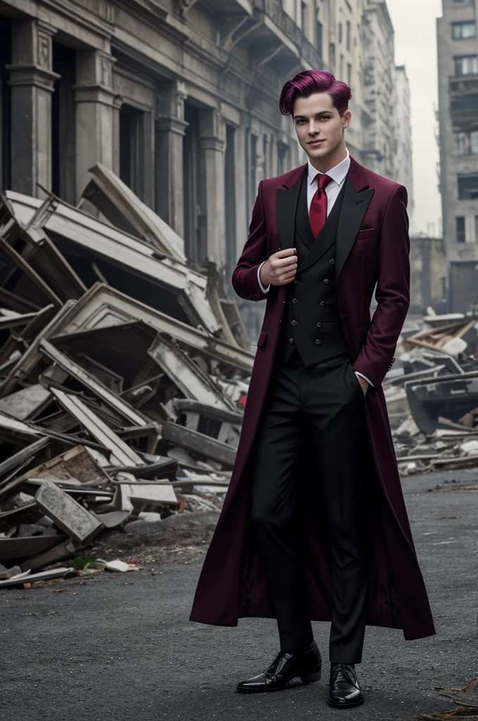 Young pale skinned boy, his red eyes, dark purple hair with a sleek cut;
dressed in a three-piece suit consisting of elegant all-black pants and vest, a long coat with a black exterior and a red interior, the edge of the coat like the golden shoulder pads, an elegant purple shirt and a red tie, with elegant black dressing gowns.
In a pose with legs slightly apart and arms open at shoulder level, smiling evilly and arrogantly.
Behind him a city in ruins.