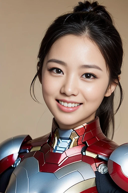 (a gorgeous lady, wearing the Iron Man MK 7 Suit, Power Pose, dimpled smile, short ponytail, cute snaggleooth, beautiful detailed eyes, photorealistic, hyper-realism, high contrast, ultra HD, realistic skin textures, top image quality, top-quality, super high resolution, fine details, very meticulously, the Cowboy shot, bokeh background)