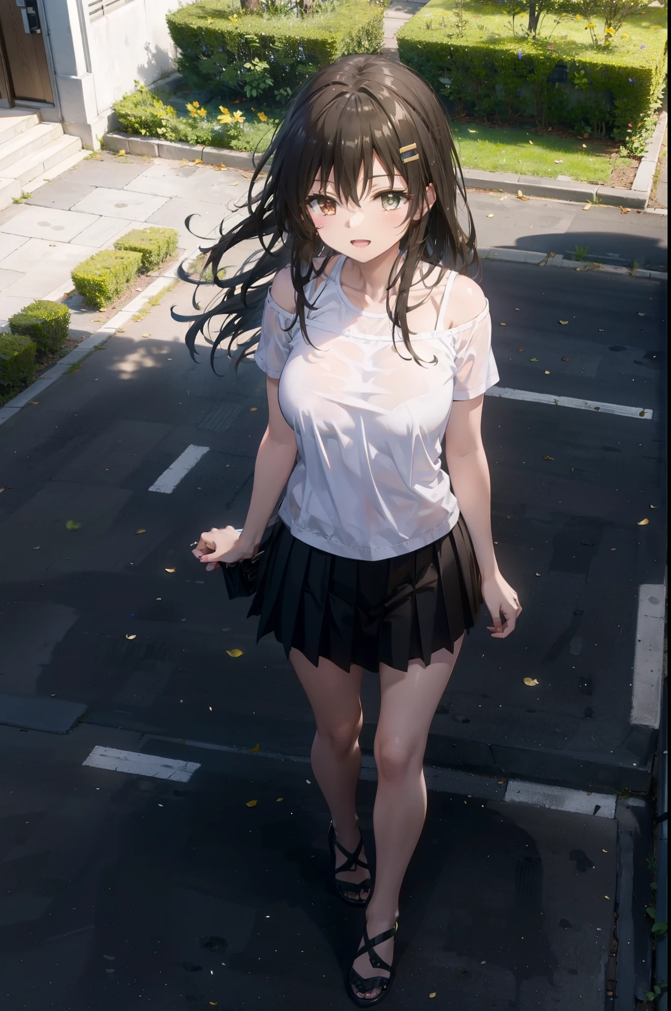 Yuikotegawa, yui kotegawa, Black Hair, (Brown eyes:1.5), Long Hair,Big Breasts,happy smile, smile, Open your mouth,Glasses,Cold shoulder tops,Short sleeve,mini skirt,Stiletto heels,Walking,morning,morning陽,The sun is rising,whole bodyがイラストに入るように,
break outdoors, School,school gate,
break looking at viewer, whole body,
break (masterpiece:1.2), Highest quality, High resolution, unity 8k wallpaper, (figure:0.8), (Beautiful attention to detail:1.6), Highly detailed face, Perfect lighting, Highly detailed CG, (Perfect hands, Perfect Anatomy),