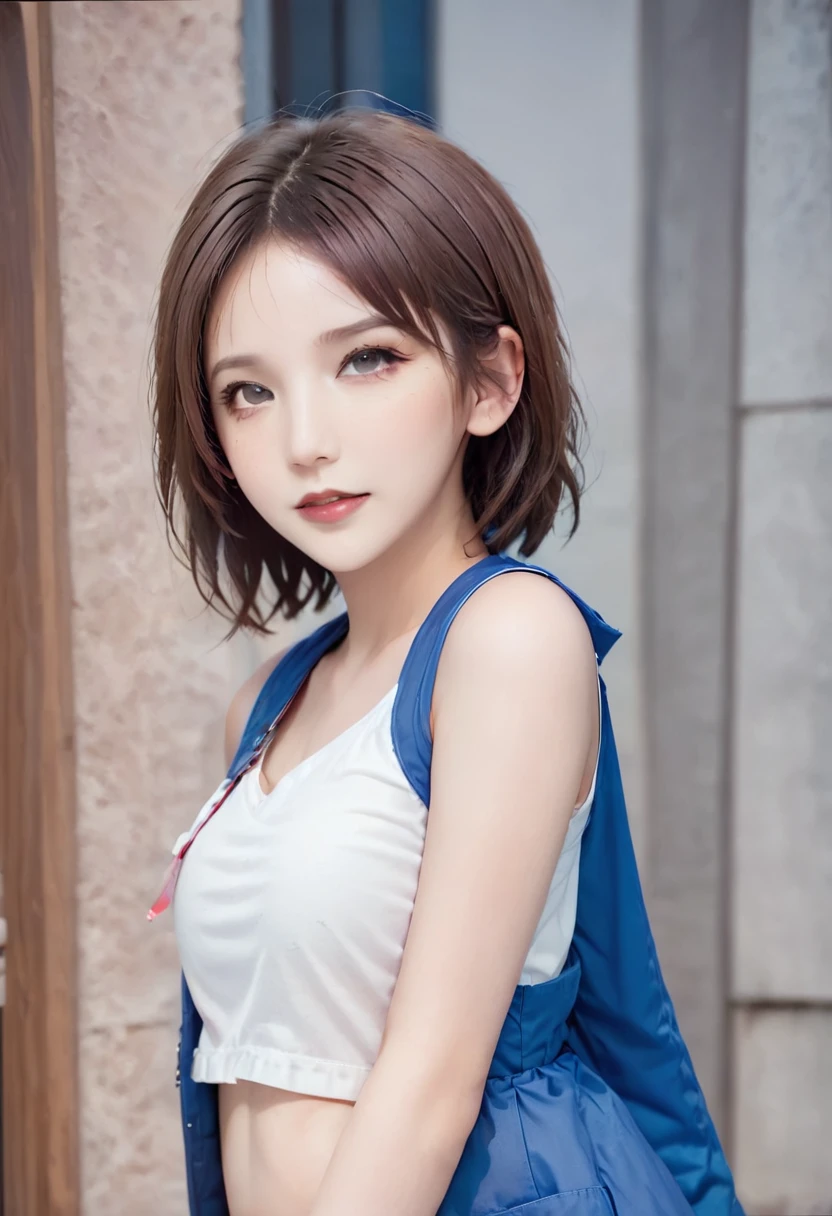 1 girl, glossy lips, glossy body, short hair, red lipstick, blue hair, golden hair, two-tone hair, red eyeshadow, spiked hair, blazer uniform, flared skirt, pink blush, sparkling eyes, high school girl, glossy hair, tall, beautiful legs, sailor uniform, blouse, shorts