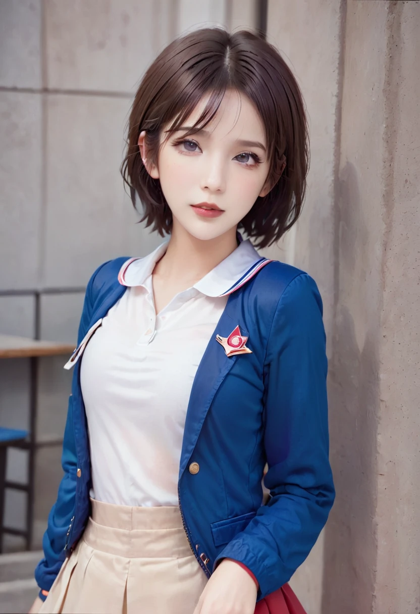 1 girl, glossy lips, glossy body, short hair, red lipstick, blue hair, golden hair, two-tone hair, red eyeshadow, spiked hair, blazer uniform, flared skirt, pink blush, sparkling eyes, high school girl, glossy hair, tall, beautiful legs, sailor uniform, blouse, shorts