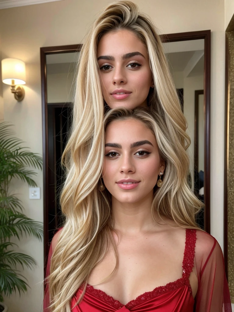 A 23-year-old blonde woman, ((pechos grandes)), ((hiperrealismo)), blonde hair with light brown roots, cabello rubio, cabello extra largo, cabello muy largo, really long hair, beautiful, front view, show whole body, photo taken with iPhone, wearing a red evening gown, posing in a luxurious hotel lobby