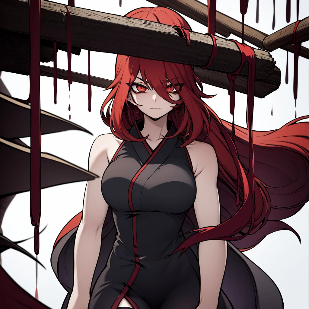 1girl, solo, slime girl, slime \(substance\), orange skin, (red hair, long hair, wavy hair), nude, tits, pussy, shackles, wariza, arms spread, (spiked collar:1), (flames, fire, burning), (hell, ruins), looking at viewer, :\