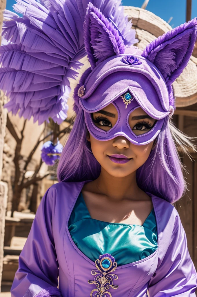 A coyote girl in lilac color and blue anthropomorphic mask with a Purépecha Goddess costume 