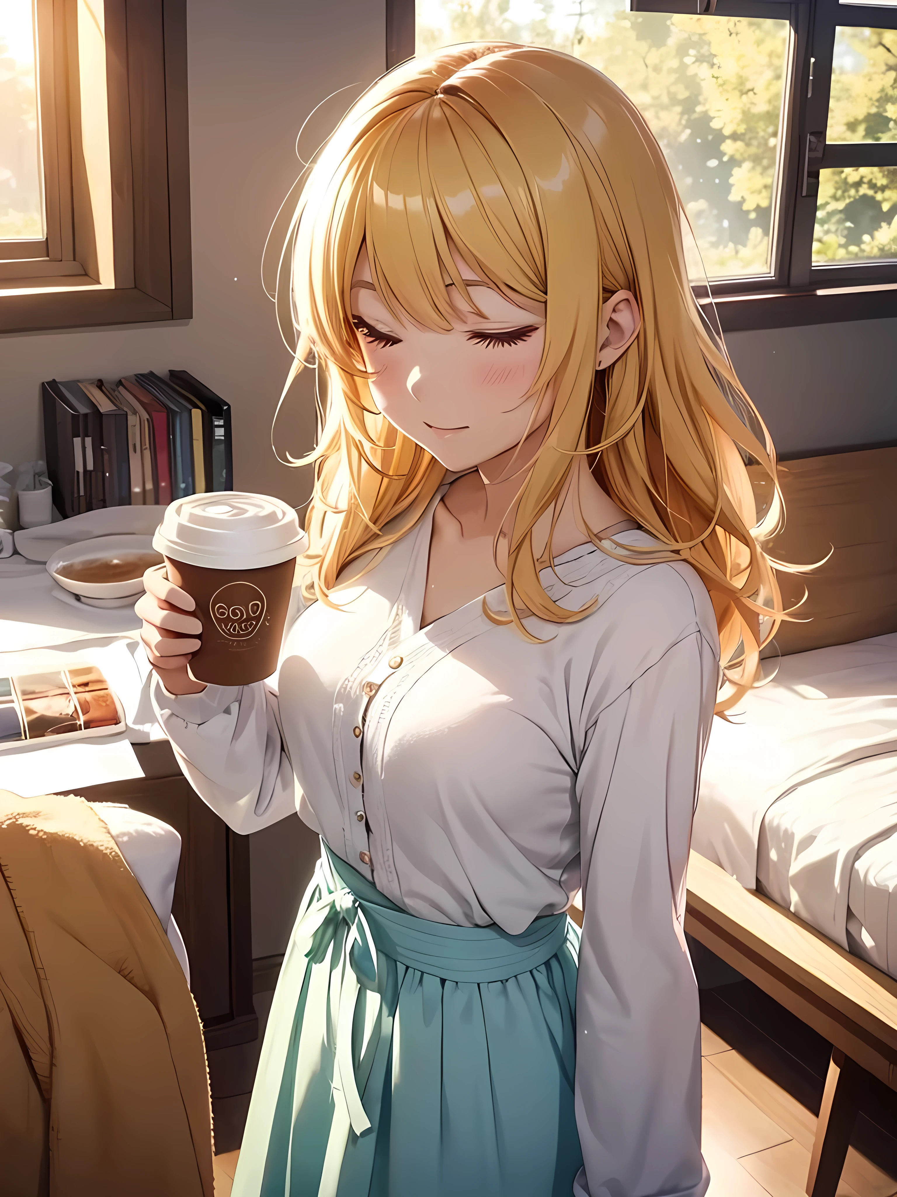 beautiful若い女性, Anime Style, Detailed face, Bright morning light, Bright expression, Casual morning outfit, Soft sleeping habits, Standing by the window where the sunlight pours in, Vivid and warm colors, Cozy bedroom background, Holding a cup of coffee or tea, Morning atmosphere, Very detailed, 8K resolution, Cinema Lighting, Highest quality, Vibrant colors, Instagrammable, beautiful, tendency、Blonde