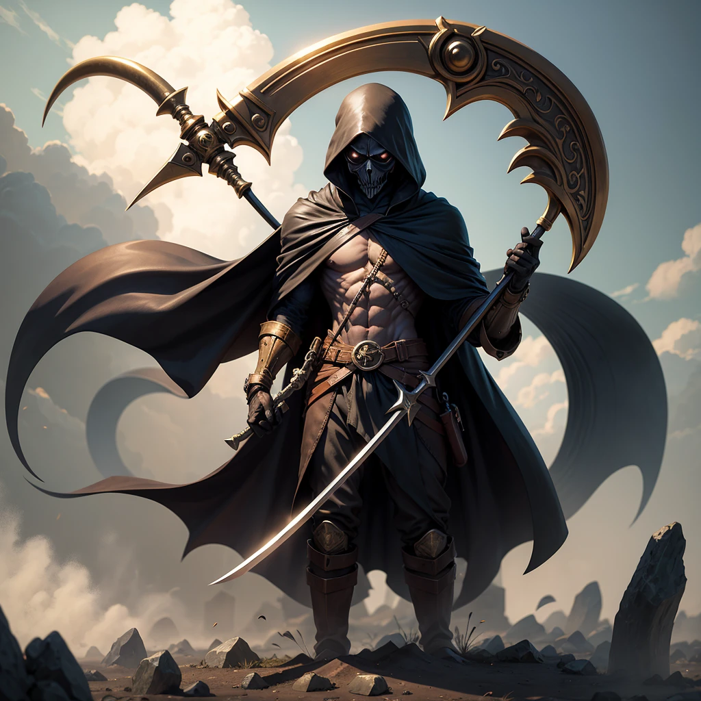 A grim reaper scythe made of bronze, Time Scythe, Bronze Scythe, Bronze Time Scythe, Floating hourglass in the blade.