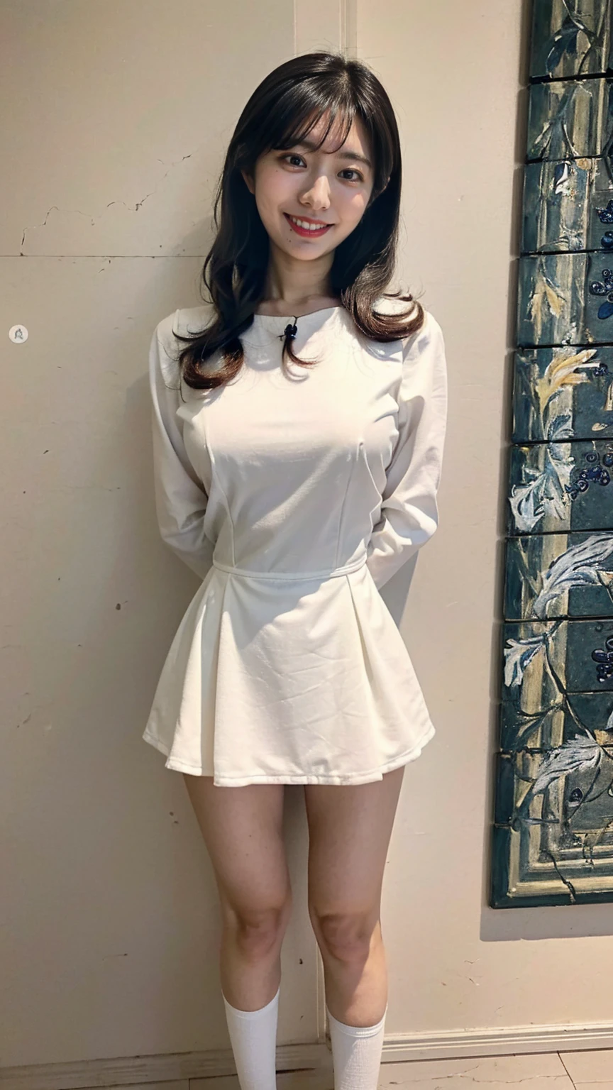 (8K、RAW Photos、Highest quality、masterpiece:1.2)、(Realistic、Realistic)、1 girl、((White high leg:1.5、With pubic hair、Large Breasts、Full body from the front、Standing with hands behind back、))、Lots of eyelashes、Glowing eyelids、skeletally correct、smile、This photo will awaken boys to sex