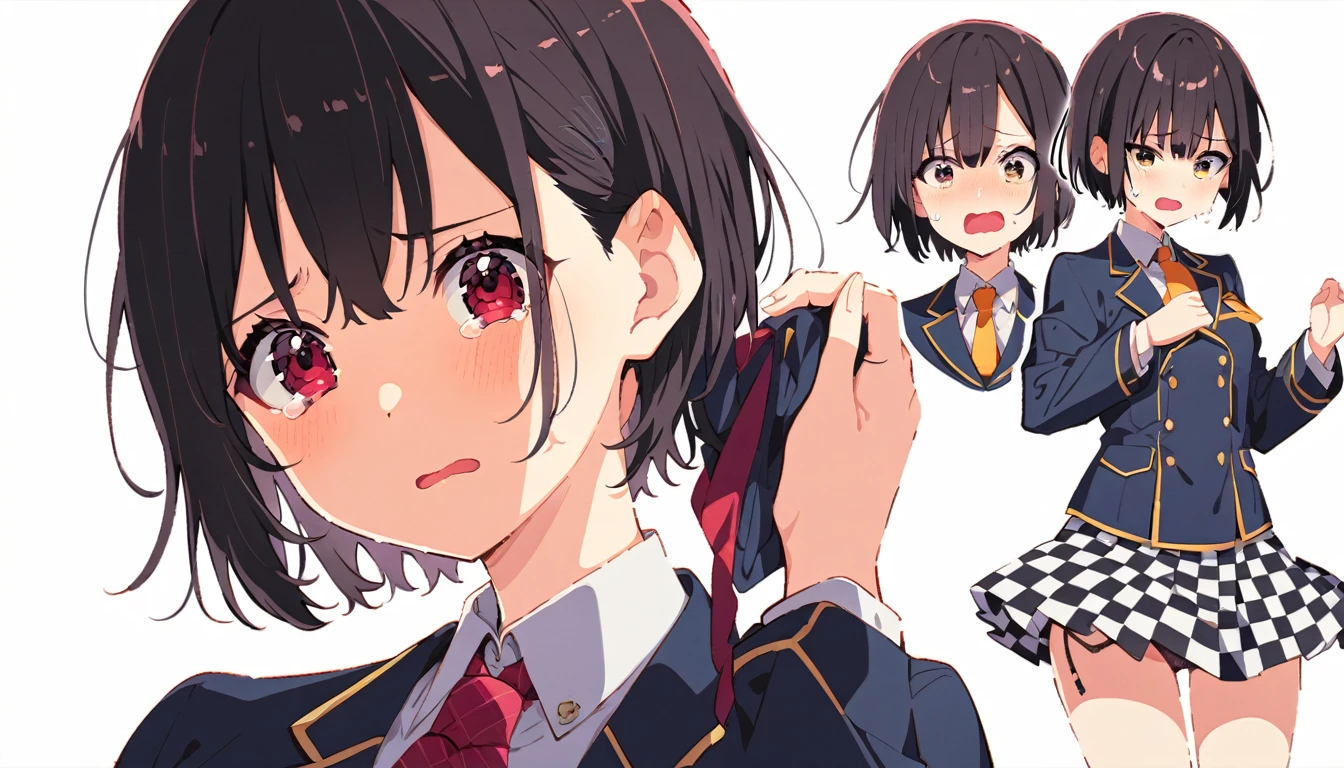 A male student is crying and unwillingly as he rolls up the checkered skirt of a girl with short black bob hair and a blazer uniform from the front, exposing her panties.