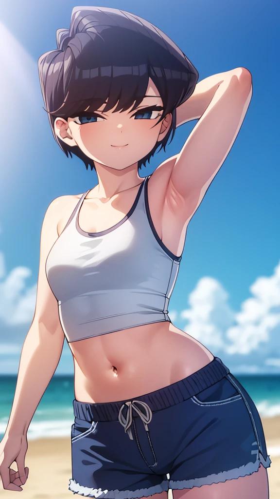 True Face stand alone 5pm bright from the front straight low length Cowboy Shot Place your arms behind your head smile Long tank top Ocean Shorts Beach Show me your armpit hair Short Hair Chubby