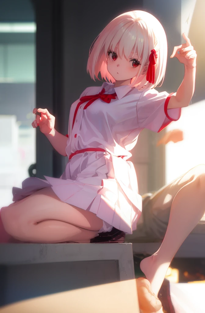 Random pose、spread your legs、pale chestnut hair、short hair、Red eyes、Red ribbon、Blushing、I can see her pantie-shaped legs、School classroom.
Random pose