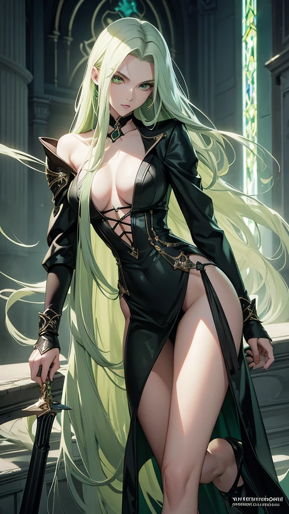 masterpiece, highest quality, (solo focus), (perfect face:1.1), (full body), (high detail:1.1), (hyper detailed eyes), dramatic, a woman with pale skin and long voluminous green hair, green eyes, solo, long hair, arrogant expression, Sephiroth, heels, art by artgerm, cinematic lighting, fashion, BalenciagaStyle