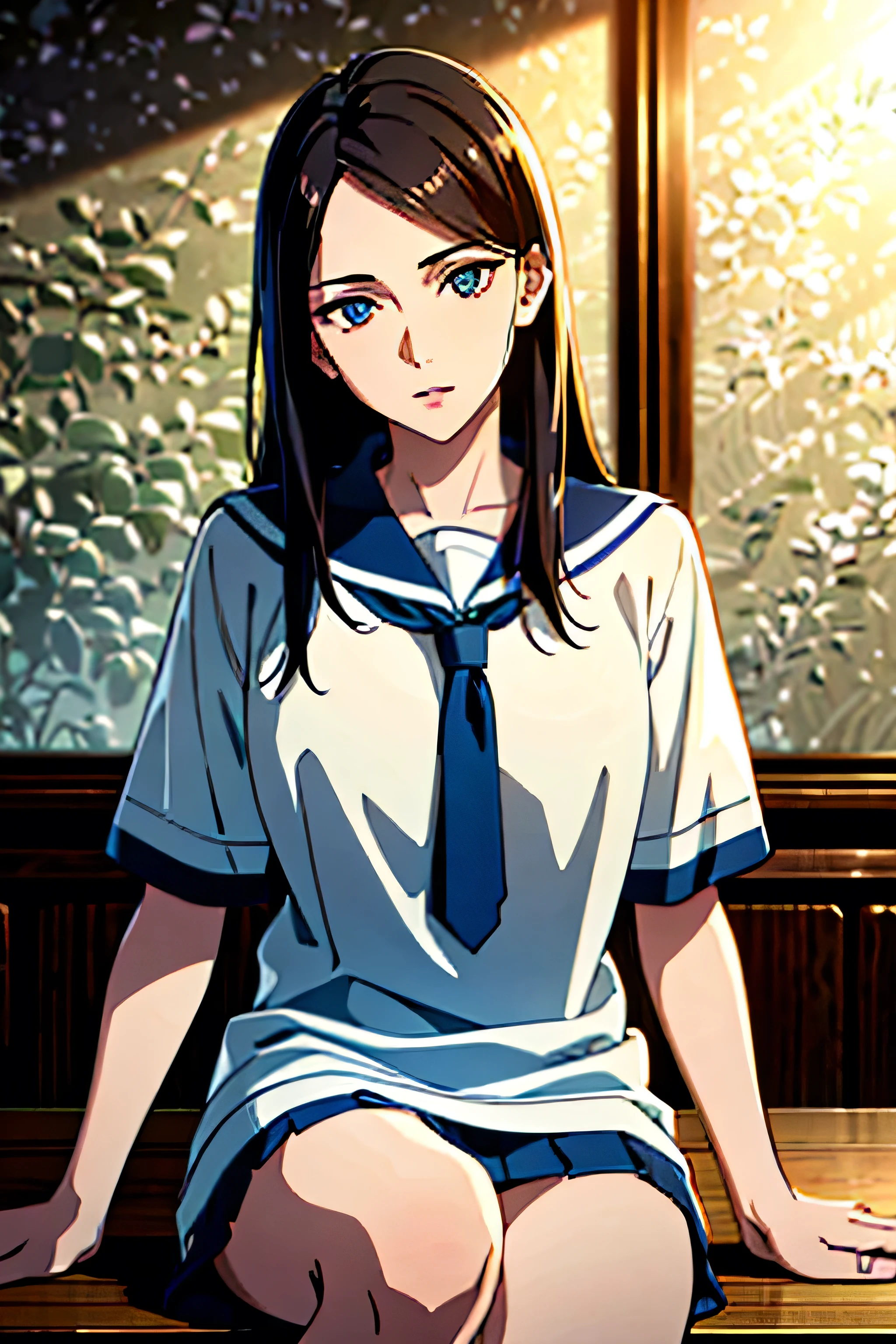 a highschool boy, male, guy, brunette hair, beautiful detailed eyes, beautiful detailed lips, extremely detailed eyes and face, long eyelashes, neutral expression, sitting on a table with one leg up, realistic, photorealistic, photo-realistic:1.37, best quality, 8k, highres, masterpiece:1.2, ultra-detailed, vivid colors, studio lighting, sharp focus, physically-based rendering, extreme detail description, professional