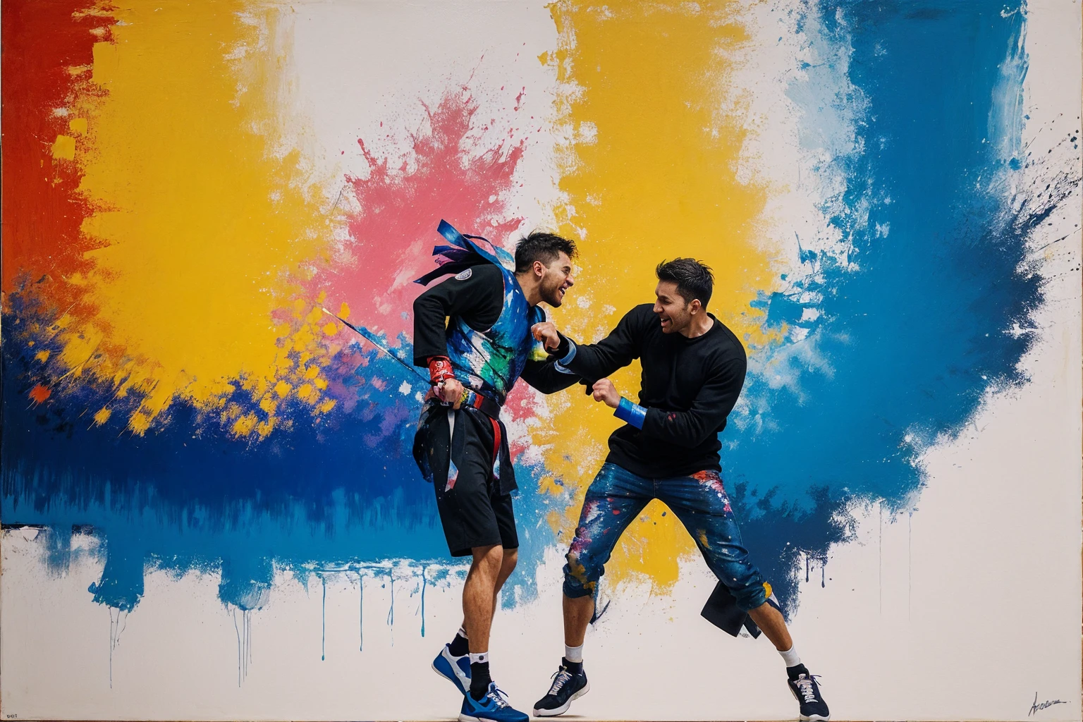 representation of a fight between happyness and sadness as an abstract painting in vibrant colors