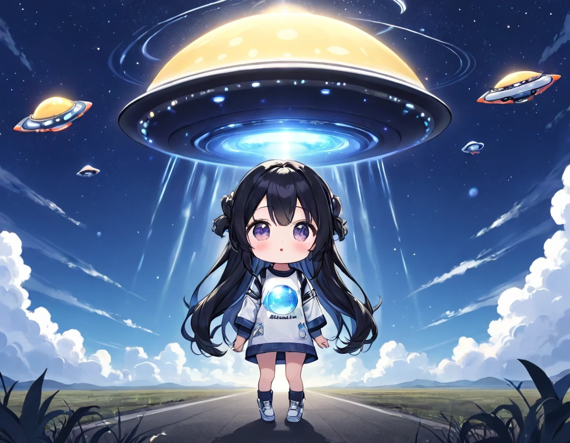 Black long hair、Twin-tailed Chibi Character、T-shirt and jeans、Dark Eyes、Scary face、A large unidentified flying object (UFO) is flying、Spaceman、A shining light from the UFO、blue sky、White cloud