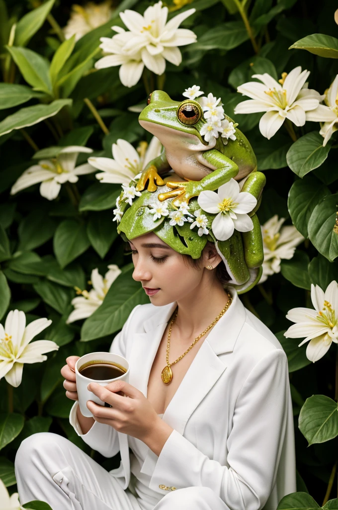 fantchar, an adorable frog creature in a long white suit, gold necklaces and white flowers on her head, flowery and drinking coffee in a lush garden, humanoid, artistic, intricate, Very detailed