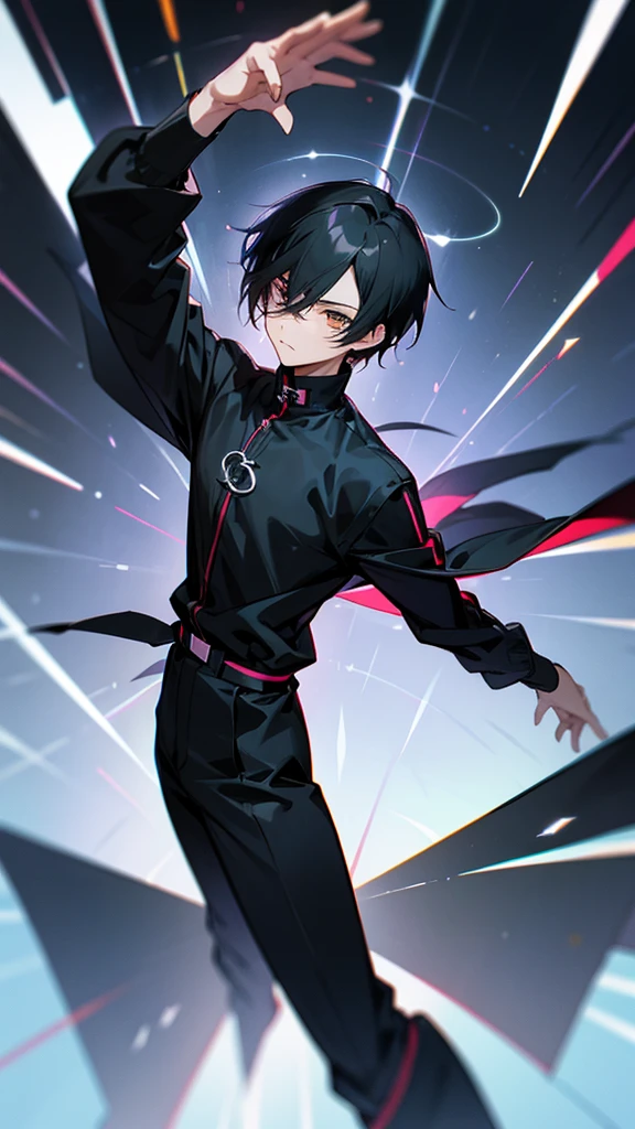 timochal2023, 1 men, in doubt, Bblack hair, o Matrix, anime clothes,the eyes, Nerd,fully body, brawny, whole black outfit