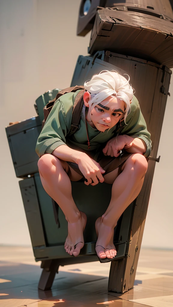 Create a 3D animation of a caricature with a big head. . A man named "Benjamin Netanyahu" aged 60. Full body view, His hair is very thin, gray, and his legs are straight sitting on a wooden floor. The back of the body is leaning against a high pole in a room in an old warehouse. The body position is tied, Rope wrapped around the body and tied to a pole, both hands are also tied, the position of both hands is above the legs, His face is oval with fine facial wrinkles, thick and neat gray eyebrows, normal eyes, straight aquiline nose, and wide open lips. Sad and scared facial expression, on the floor there are many rats close together as if they want to bite the man, He is wearing a dull white torn shirt and white shorts. Gradient brown background with a little professional lighting. Masterpiece, best quality, very detailed skin and face, very realistic, high definition, studio lighting, sharp focus, 2/3 body angle, Face facing straight ahead. Concept Art, 3D rendering.