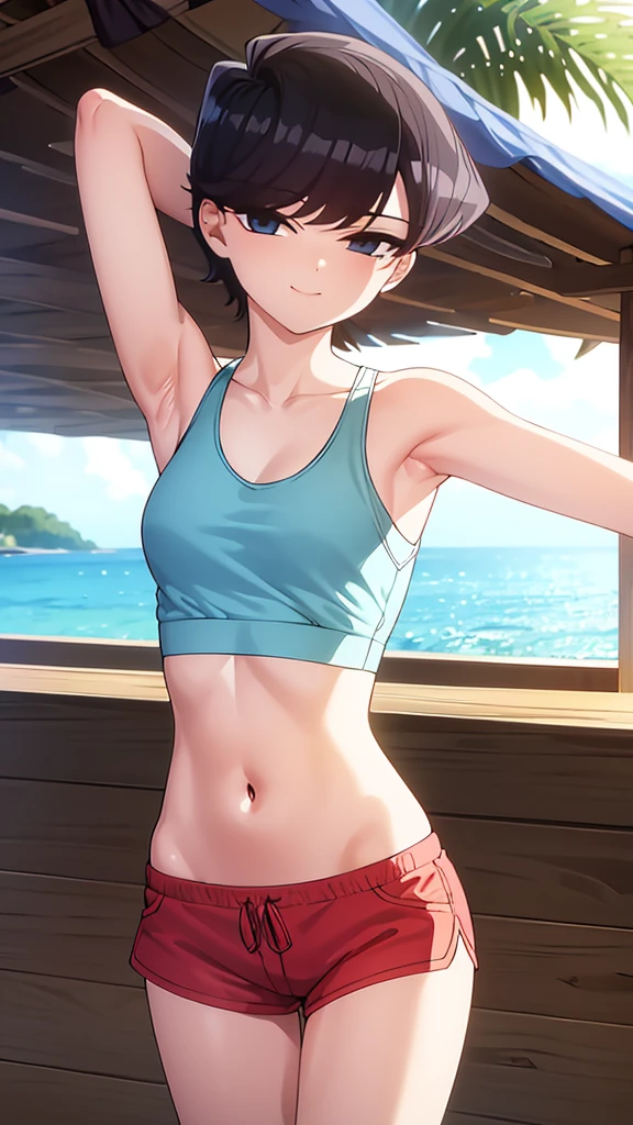 True Face　stand　alone　5pm bright　from the front　straight　low length　Cowboy Shot　Place your arms behind your head　smile　Long tank top　Ocean　Shorts　Beach　Show me your armpit hair　Short Hair　Beauty