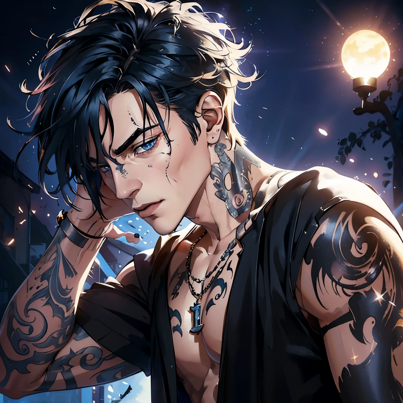 8K, complex, elegant, Highly detailed, majestic, digital photography, surreal painting, defeat magic, Sinuous Lightning, (masterpiece, Side light, fine and beautiful eyes: 1.2), HDR, (bright blue eyes)), Naked upper body, (bright tattoo), handsome boy, cana, musculature, black skin, demon horn, Raining, handsome, in front of camera, masterpiece