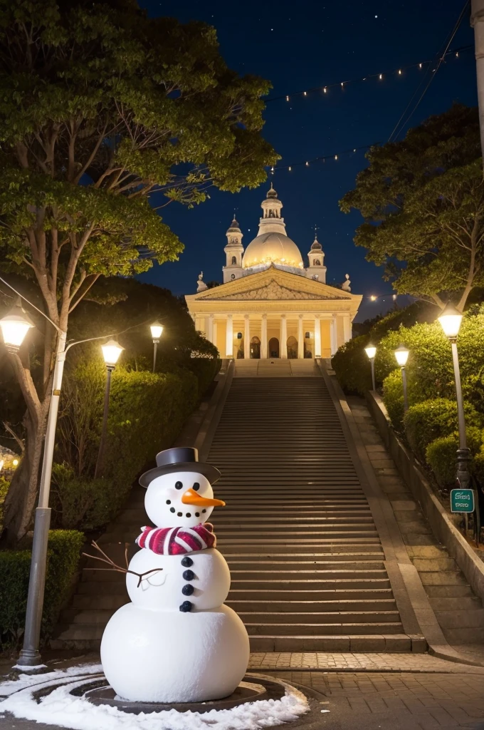 park entrance. in a Brazilian city. There are colorful lights hanging from every tree, and a big snowman welcoming all visitors.
