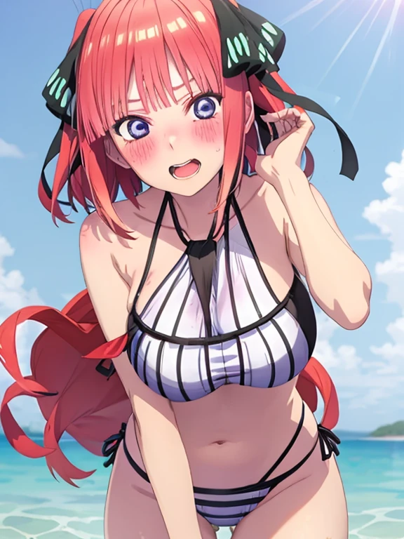 best quality, insanely detailed, nino nakano,  breasts, blush, swimsuit, halterneck, striped, flower print swimsuit, 
