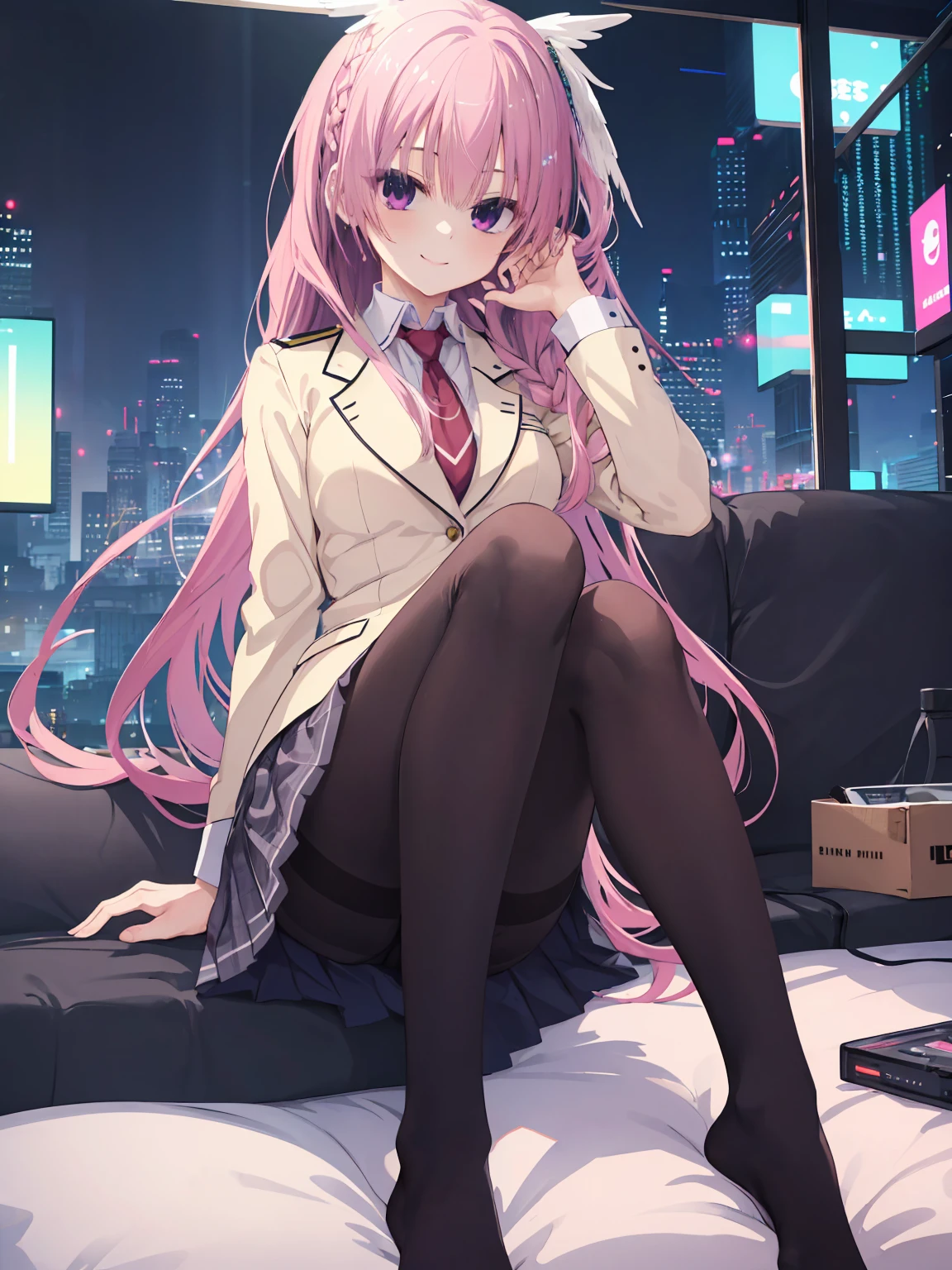 A girl，solo，Pink long hair，happy，Smile，Medium long hair，Dissemination，kikka academy uniform, pantyhose, highres, absurdres，Black underwear,City background，Cyberpunk, Anime style 4k, Sitting on the sofa，indoors，In the bedroom，mitsukasa ayase、Character-centered