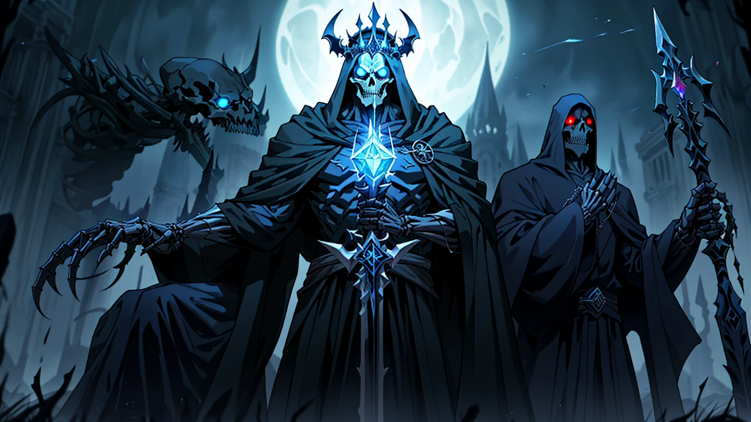 Death Lord, the Sovereign of the Grim Reaper, is a terrifying and omnipotent figure, whose mere presence instills fear even in the darkest abysses. Resembling a lich, he is a skeletal specter, cloaked in a necromantic aura that causes time-worn bones to emit a faint, spectral glow, giving him an otherworldly, timeless aura.
In his hands, Death Lord wields a majestic staff, a tool of power and a beacon of his dominion over the dark forces. This staff is intricately adorned with ancient runes and crowned with a pulsating crystal