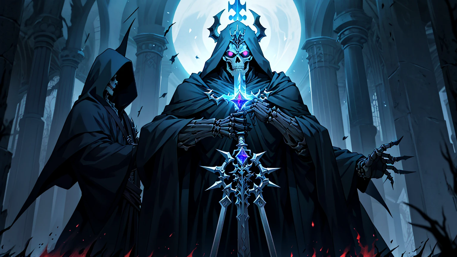 Death Lord, the Sovereign of the Grim Reaper, is a terrifying and omnipotent figure, whose mere presence instills fear even in the darkest abysses. Resembling a lich, he is a skeletal specter, cloaked in a necromantic aura that causes time-worn bones to emit a faint, spectral glow, giving him an otherworldly, timeless aura.
In his hands, Death Lord wields a majestic staff, a tool of power and a beacon of his dominion over the dark forces. This staff is intricately adorned with ancient runes and crowned with a pulsating crystal