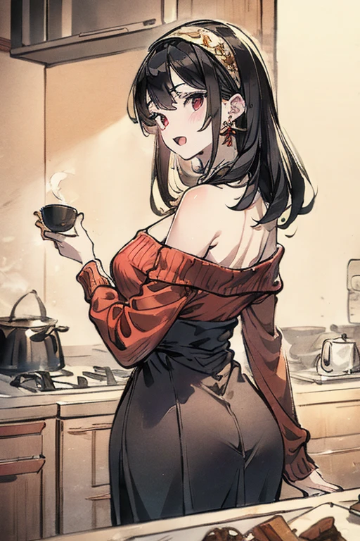 masterpiece, yor, 1girl, Amazing Cleavage:1.3, thin waist, big ass, Raised sexy, medium breast: 1.8 posed cleavage:1.2、solo, looking at viewer, open mouth, have a cup of coffee,black hair, red eyes, dress, bare shoulders, jewelry, collarbone, sidelocks, hairband, earrings, indoors, off shoulder, :o, sweater, arms behind back, plant, short hair with long locks, white hairband, off-shoulder dress, sweater dress, off-shoulder sweater, red sweater, big side hair, very long side hair,is rendered in (masterpiece: 1.2, best quality), with (ultra high resolution) and an exquisite (depth of field). This masterpiece is not only visually stunning but also tells, make of cake cooking ,in the kitchen 