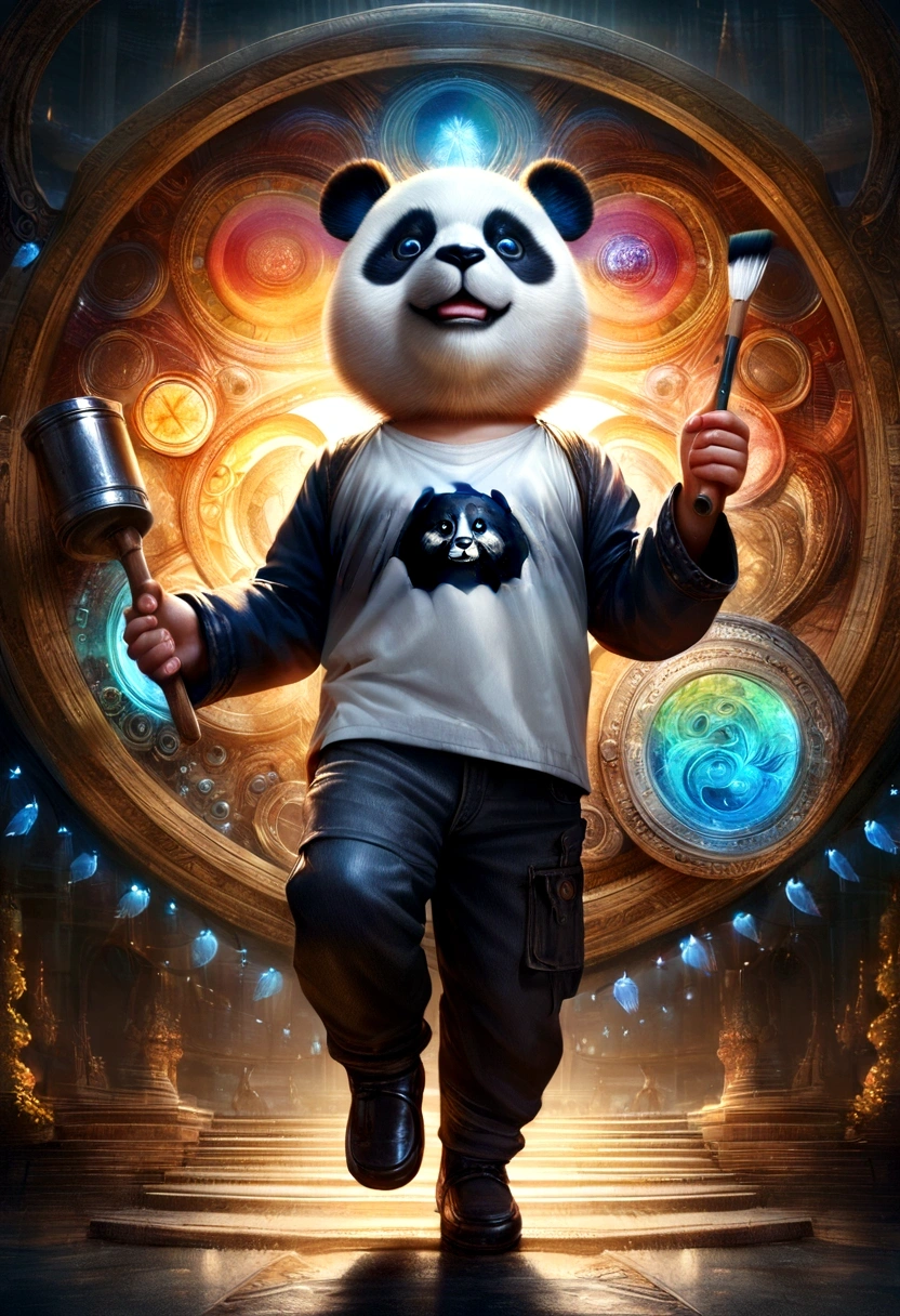 Fullbody panda with blue spots, holding a paint brush in his left hand and a hammer in his right hand, big eyes, white t-shirt with "Daddo" text, realistic, detailed, 8k, high quality, intricate details, digital art, photorealistic, hyper detailed, cinematic lighting, vibrant colors, cute, adorable, whimsical, fantasy