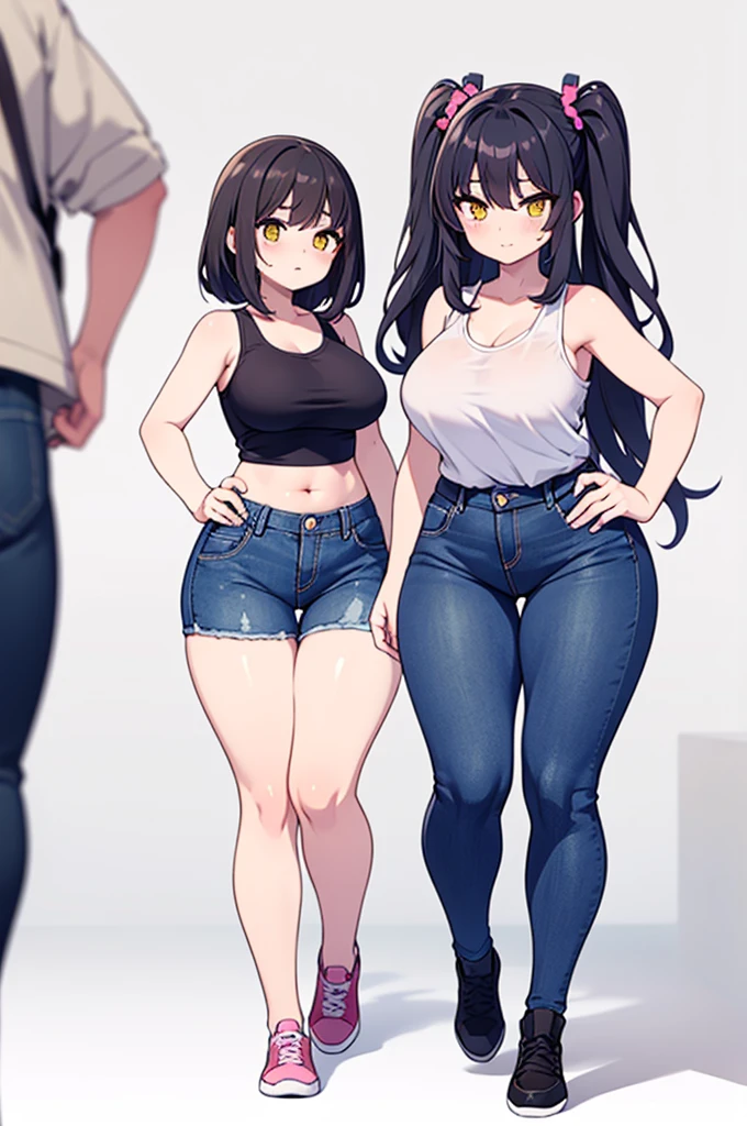 Young anime milf, long wavy black hair, long black hair, yellow eyes, full body, no background, big tits, big breasts, big thighs, big waist, thick legs, thicc legs, small feet, small, short, short sexy body, curvy body, curvous body, curvy legs, slight abs, voluptous body, tight jeans, tight sleeveless pink tank top, sweating, cute