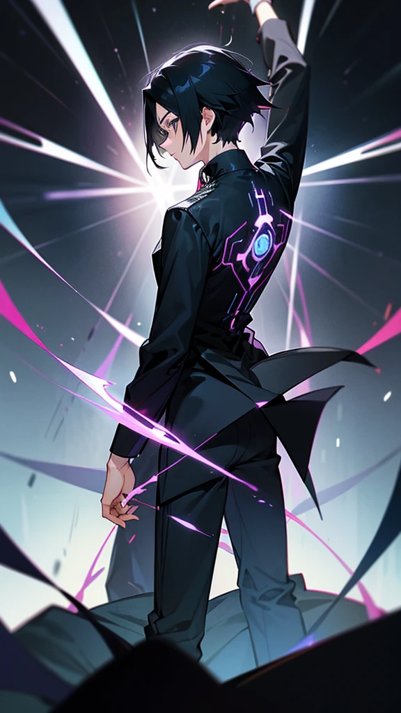 timochal2023, 1 men, in doubt, Bblack hair, o Matrix, anime clothes, Nerd,fully body, brawny, whole black outfit, no back ground