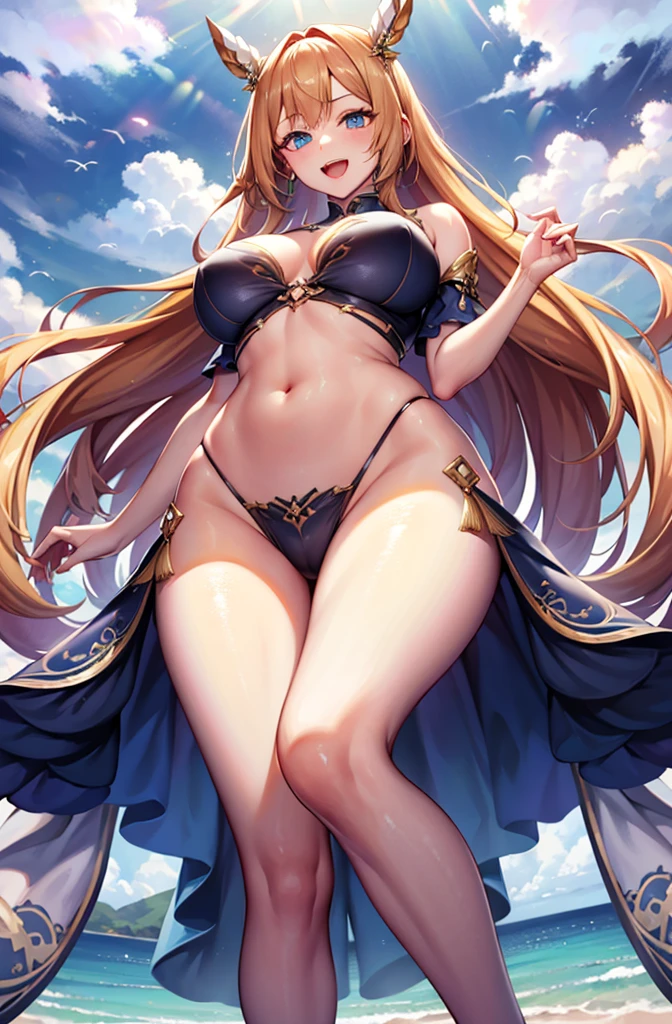 Highest quality、8K、High resolution,Highest quality、solo、胸に翼のある白いビキニ姿のtallの大人の女性の天使、胸に翼のある白いビキニ姿のtallの大人の女性の天使、belly button、Thighs、 Open Mouth Smile、Long legs、tall、From below、From below、Open Mouth Smile、Blonde hair and blue eyes