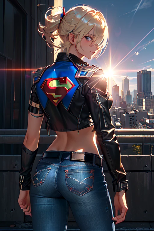 Supergirl, ((tanned young woman, (blonde, blue colored eyes, short hair covering one eye, tanned skin with panty lines, perfectbody, perky breasts, hardnipples), red lipgloss stick, (black leather jacket, with small Superman symbol on the shoulder, tight blue tank top with small Superman symbol on the left side of the chest, exposed abdomen, black leather belt, low waist jeans, Vemeho sneakers)), Masterpiece artwork, high qualiy, back-illuminated, natural lighting, high qualiy, Masterpiece artwork, hair blonde, hair over one eye, elongated eyes, elongated eyes, seducing smile, Hyper-Realism, image fill, Lens flare, from behind, corpo inteiro precise, anatomically correcte, texturized skin, super detaill, hair blonde, hair over one eye, glare eyes, glare eyes, seducing smile, Hyper-Realism, image fill, from low, Lens flare, from behind, from behind, photo the cowboy, 8K, uhd, 8K, precise, uhd, anatomically correcte, texturized skin, super detaill,