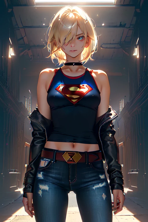 Supergirl, ((tanned young woman, (blonde, blue colored eyes, short hair covering one eye, tanned skin with panty lines, perfectbody, perky breasts, hardnipples), red lipgloss stick, (black leather jacket, with small Superman symbol on the shoulder, tight blue tank top with small Superman symbol on the left side of the chest, exposed abdomen, black leather belt, low waist jeans, Vemeho sneakers)), Masterpiece artwork, high qualiy, back-illuminated, natural lighting, high qualiy, Masterpiece artwork, hair blonde, hair over one eye, elongated eyes, elongated eyes, seducing smile, Hyper-Realism, image fill, Lens flare, from behind, corpo inteiro precise, anatomically correcte, texturized skin, super detaill, hair blonde, hair over one eye, glare eyes, glare eyes, seducing smile, Hyper-Realism, image fill, from low, Lens flare, from behind, from behind, photo the cowboy, 8K, uhd, 8K, precise, uhd, anatomically correcte, texturized skin, super detaill,