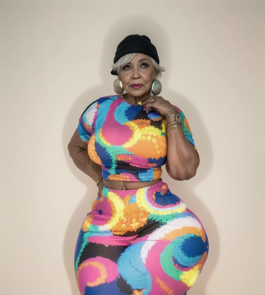Beautiful 65 year old grandmother, elderly woman with white hair, with her back to the camera showing a huge ass, Very slender waist, wide hip, beautiful grandmother, beautiful old woman, night and urban scenery with bokeh and flares on camera