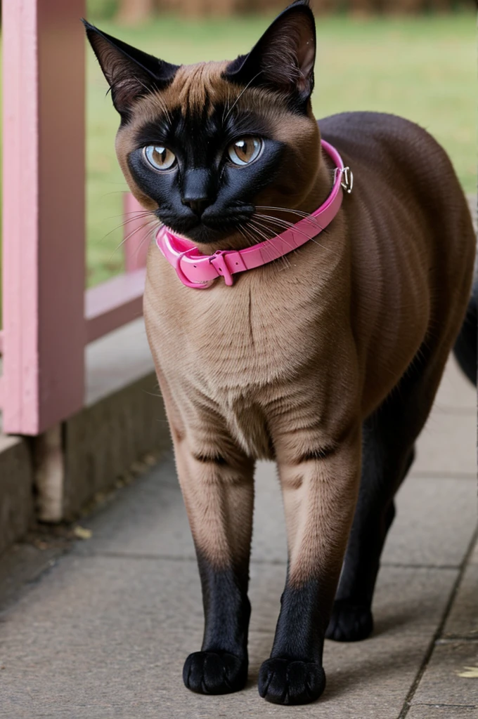 Show the full body of a Siamese cat with pink collar