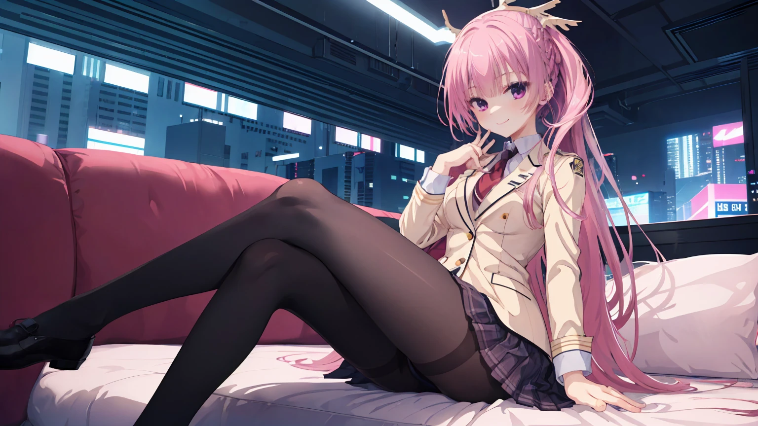 1girl, solo, A pink-haired,Medium-hair long,dishiveredhair,Black underwear,Purple-pink eyes,the night,Glass windows, In the bedroom,Digital punk, Anime style 4k, backdrop,black pantyhoses,mitsukasa ayase, kikka academy uniform, pantyhose, highres, absurdres,Beige top,red necktie、Character-centric