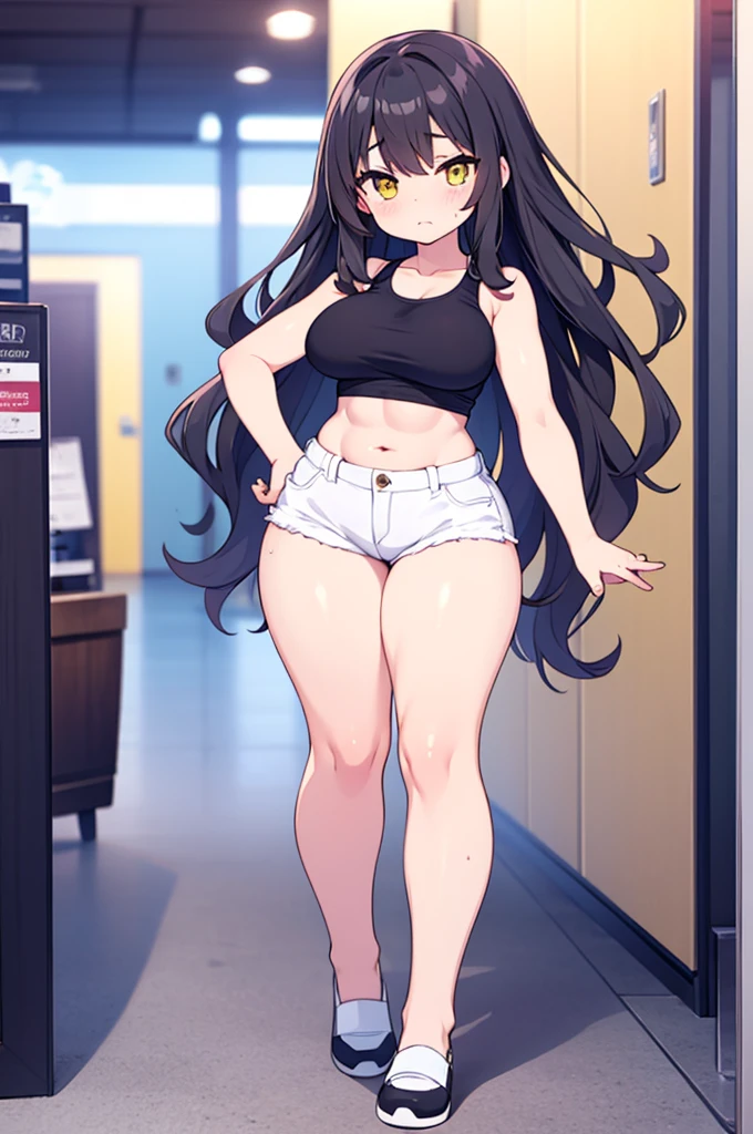 Young anime milf, long wavy black hair, long black hair, yellow eyes, full body, no background, big tits, big breasts, big thighs, big waist, thick legs, thicc legs, small feet, small, short, short sexy body, curvy body, curvous body, curvy legs, slight abs, voluptous body, tight jeans, tight sleeveless pink tank top, sweating, cute