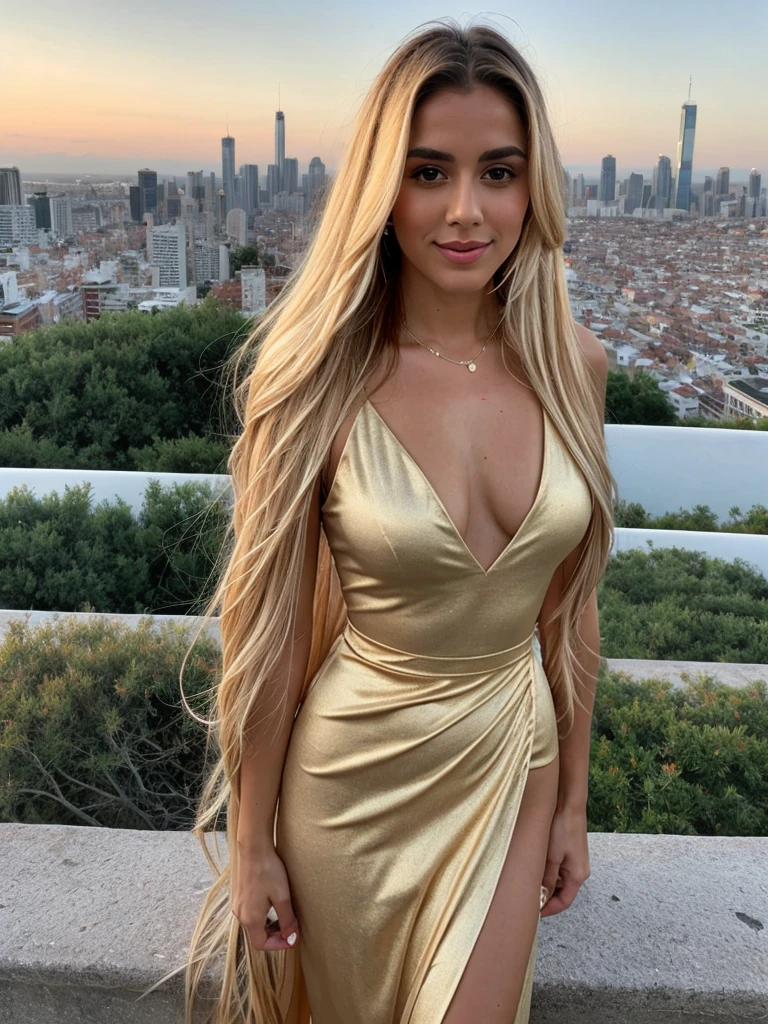 A 23-year-old blonde woman, ((pechos grandes)), ((hiperrealismo)), blonde hair with light brown roots, cabello rubio, cabello extra largo, cabello muy largo, really long hair, beautiful, front view, show whole body, photo taken with iPhone, wearing a black evening dress with a deep V-neck, standing in front of a city skyline at sunset.
