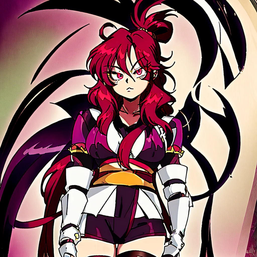 Female anime character, long red hair, plum eyes, with a dark glow, she wears a dark green short kimono and thigh-high stockings