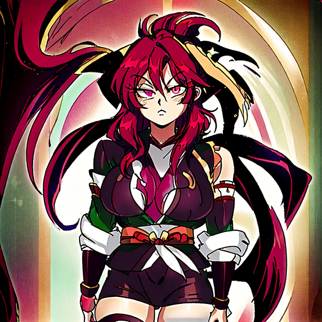 Female anime character, long red hair, plum eyes, with a dark glow, she wears a dark green short kimono and thigh-high stockings