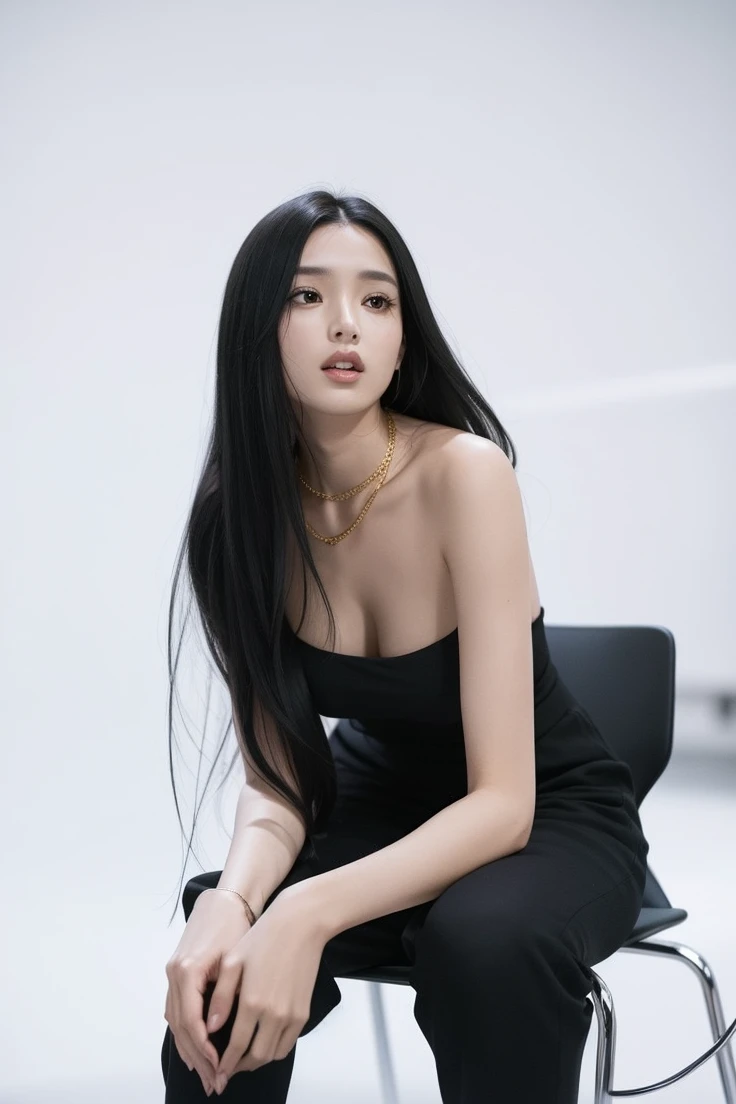 In the foreground a woman dressed in black sitting on a chair with her legs open and her hands together, gold necklace and black hair, full lips and pointed nose, shiny eyes. 