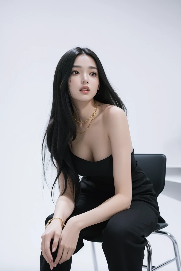 In the foreground a woman dressed in black sitting on a chair with her legs open and her hands together, gold necklace and black hair, full lips and pointed nose, shiny eyes. 