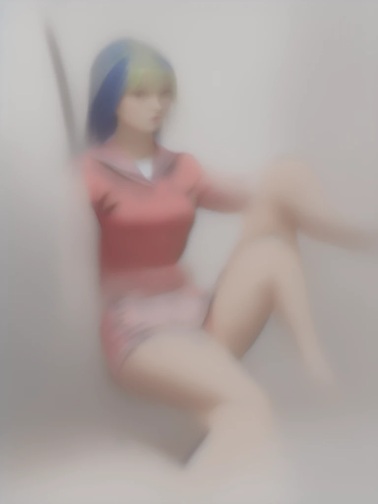 1 girl, glossy lips, glossy body, short hair, red lipstick, blue hair, golden hair, two-tone hair, red eyeshadow, spiked hair, blazer uniform, flared skirt, pink blush, sparkling eyes, high school girl, glossy hair, tall, beautiful legs, sailor uniform, blouse, shorts
