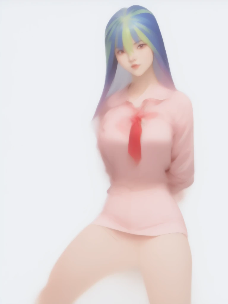 1 girl, glossy lips, glossy body, short hair, red lipstick, blue hair, golden hair, two-tone hair, red eyeshadow, spiked hair, blazer uniform, flared skirt, pink blush, sparkling eyes, high school girl, glossy hair, tall, beautiful legs, sailor uniform, blouse, shorts