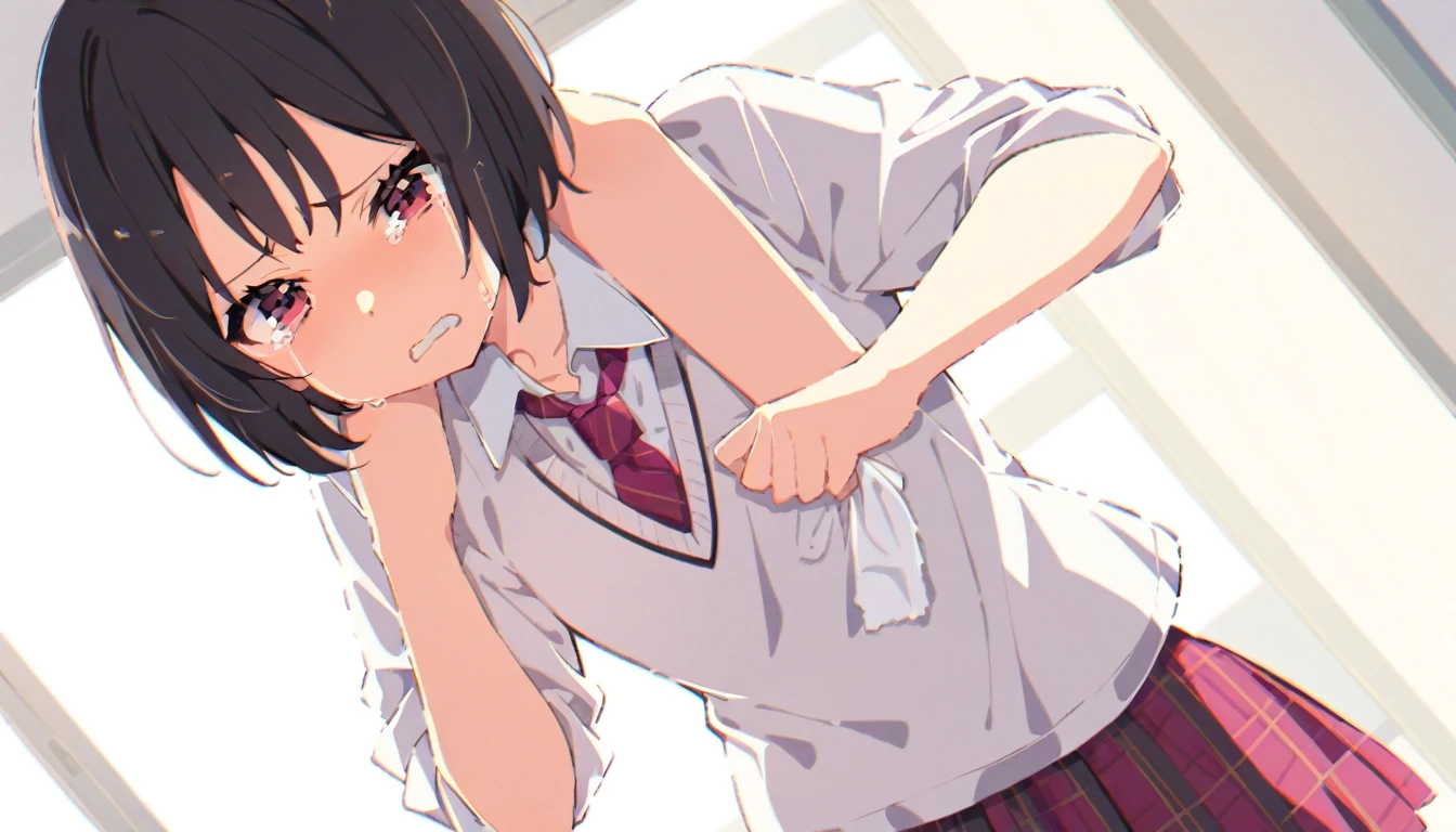 A male student is being held in a headlock from behind, and is crying in disgust. The checkered skirt of a girl with short black hair and a bob is rolled up from the front to reveal her panties.